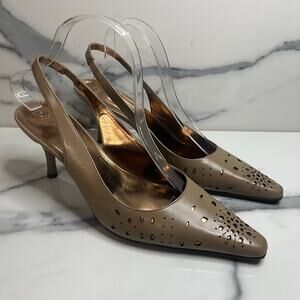 Etienne Aigner | Women's Tan Leather Pointed Toe Slingback Kitten Heels Sz 9